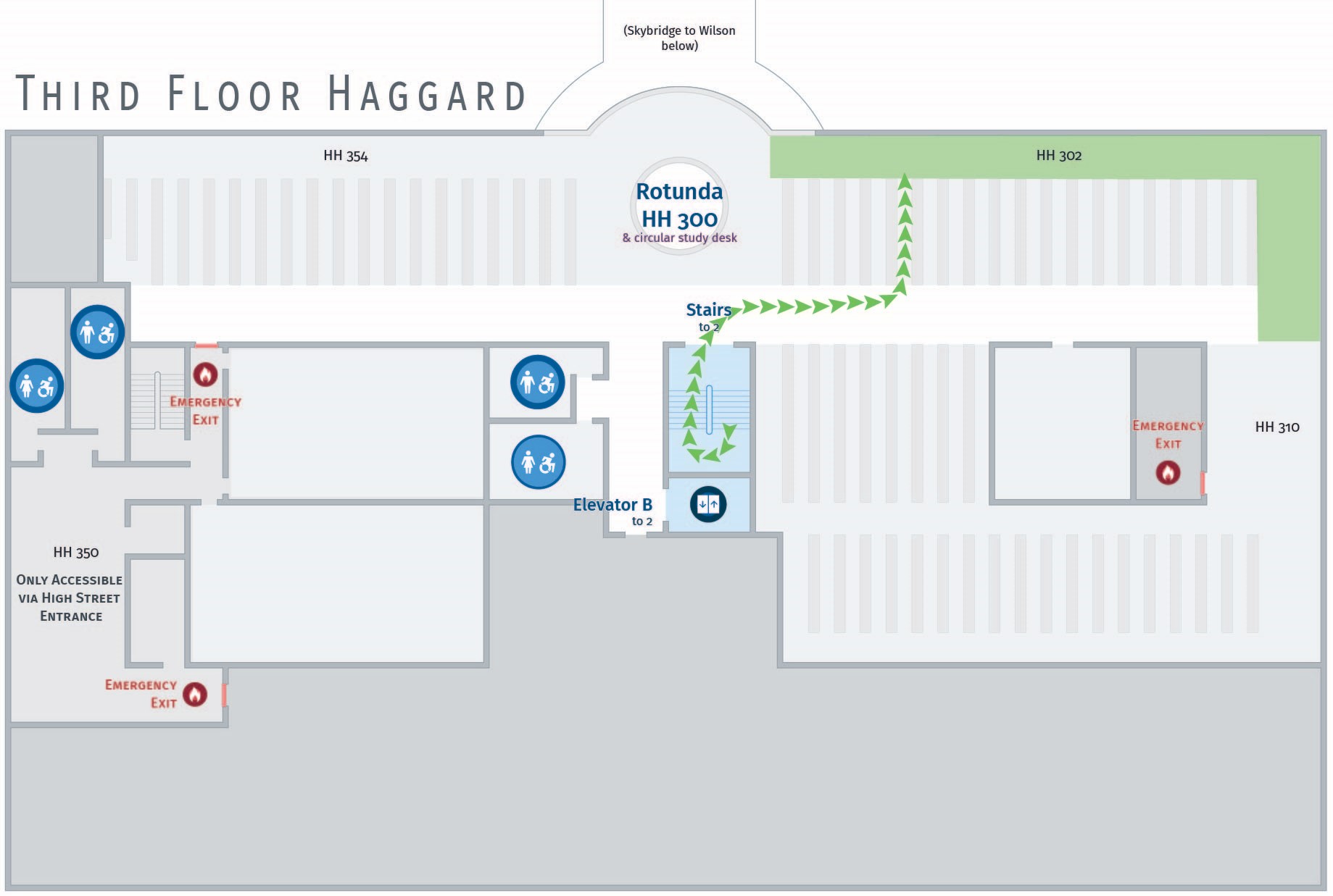 Floor plan, third floor of Haggard with path to HH 302.