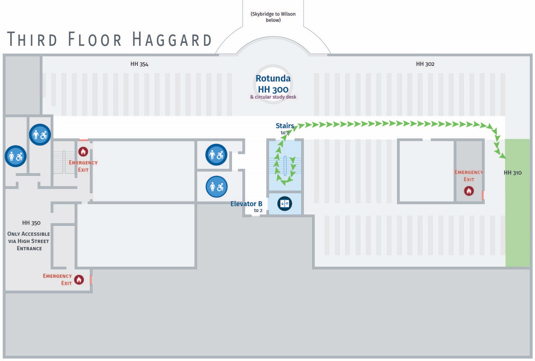 Floor plan, third floor of Haggard with path to HH 310.