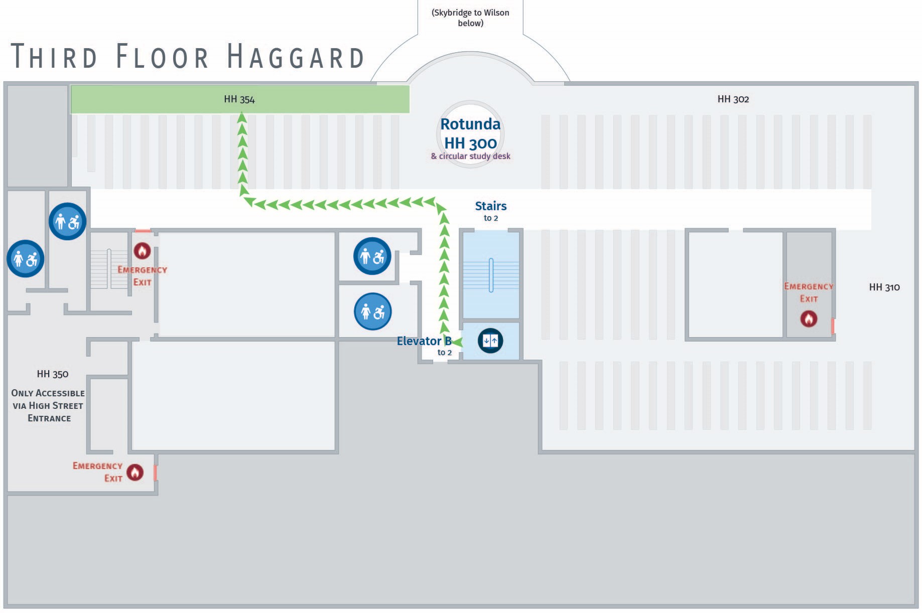 Floor plan, third floor of Haggard with accessible path to HH 354.