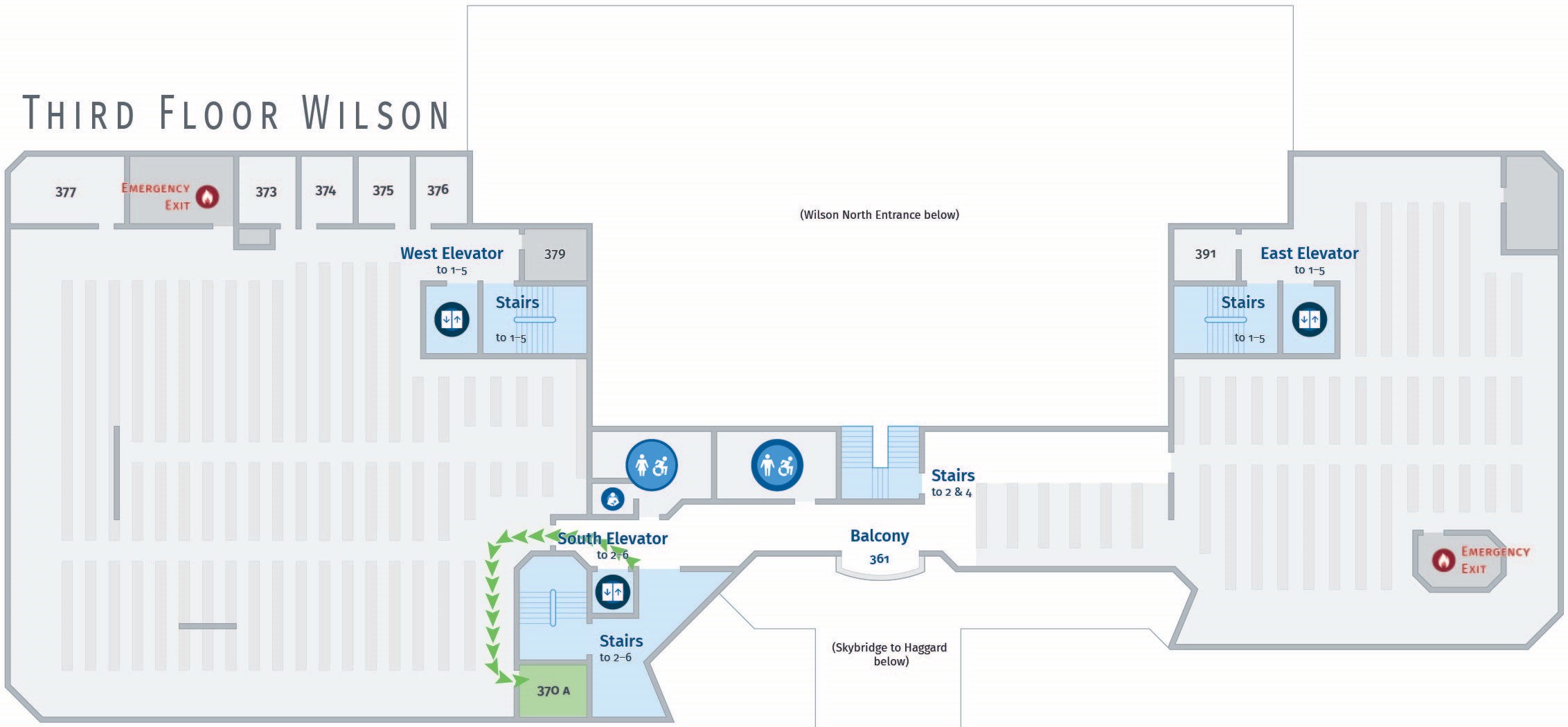 Floor plan, third floor of Wilson with path to WL 370A.