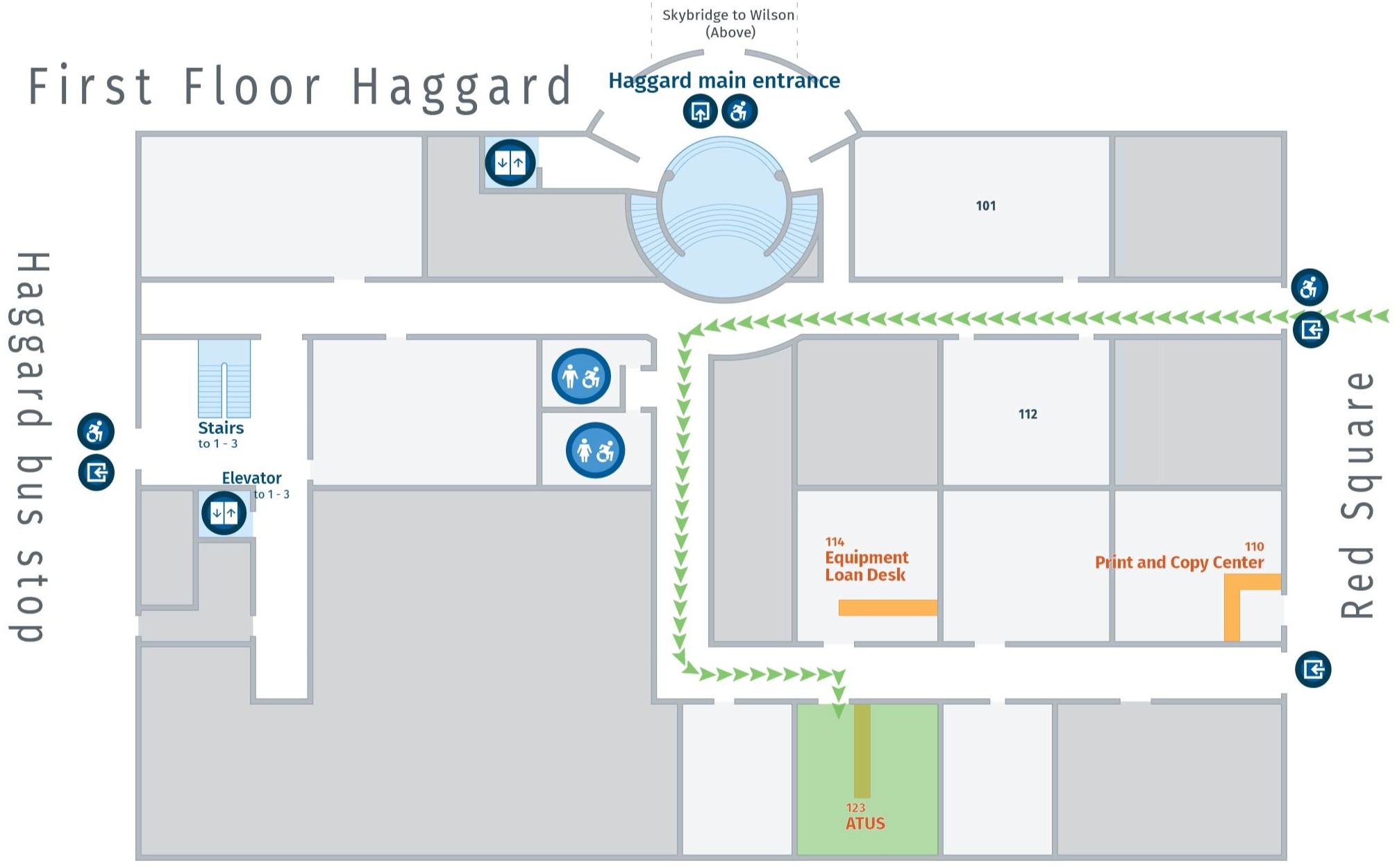 Floor plan, first floor of Haggard with accessible path to ATUS.