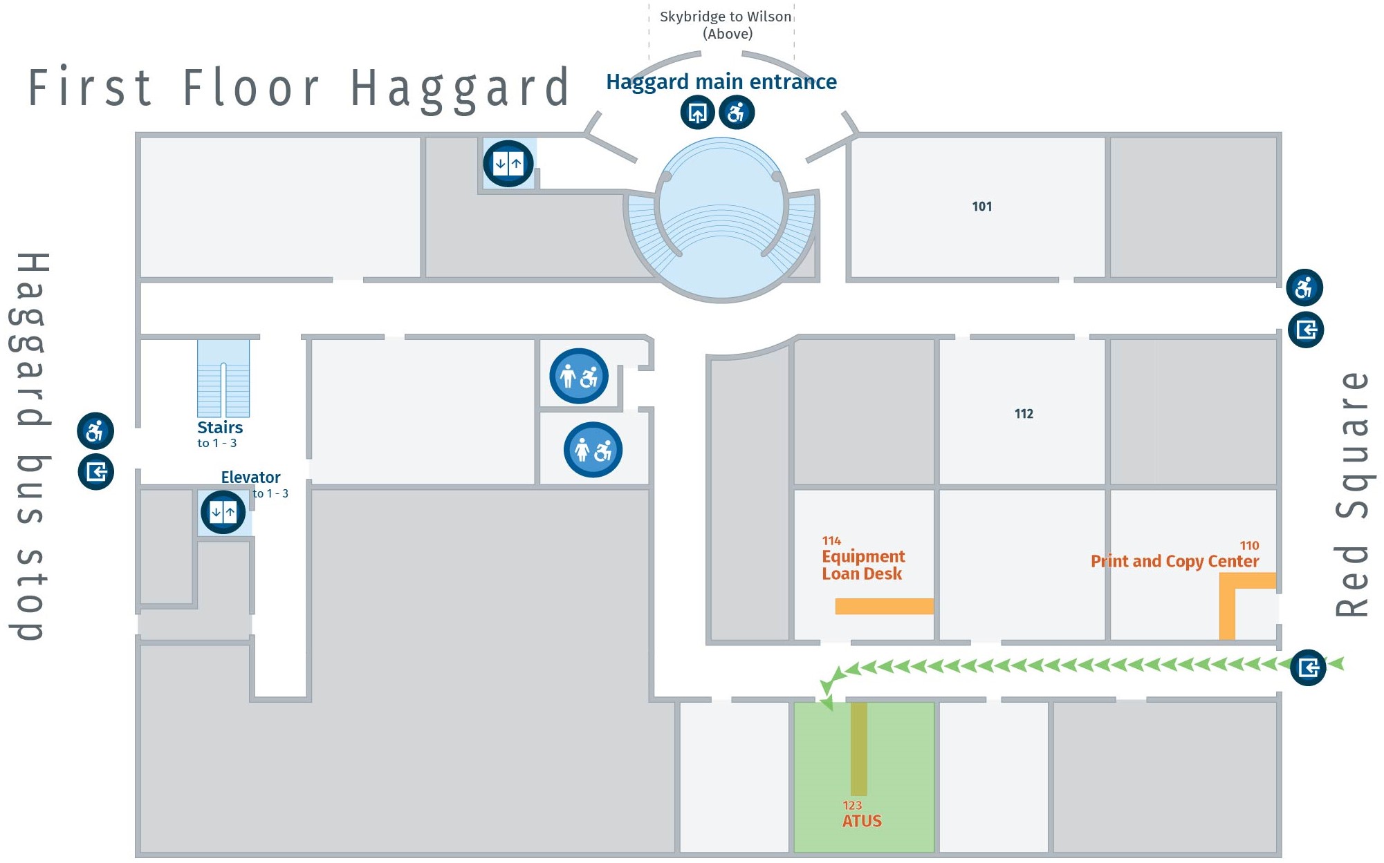Floor plan, first floor of Haggard with path to ATUS.
