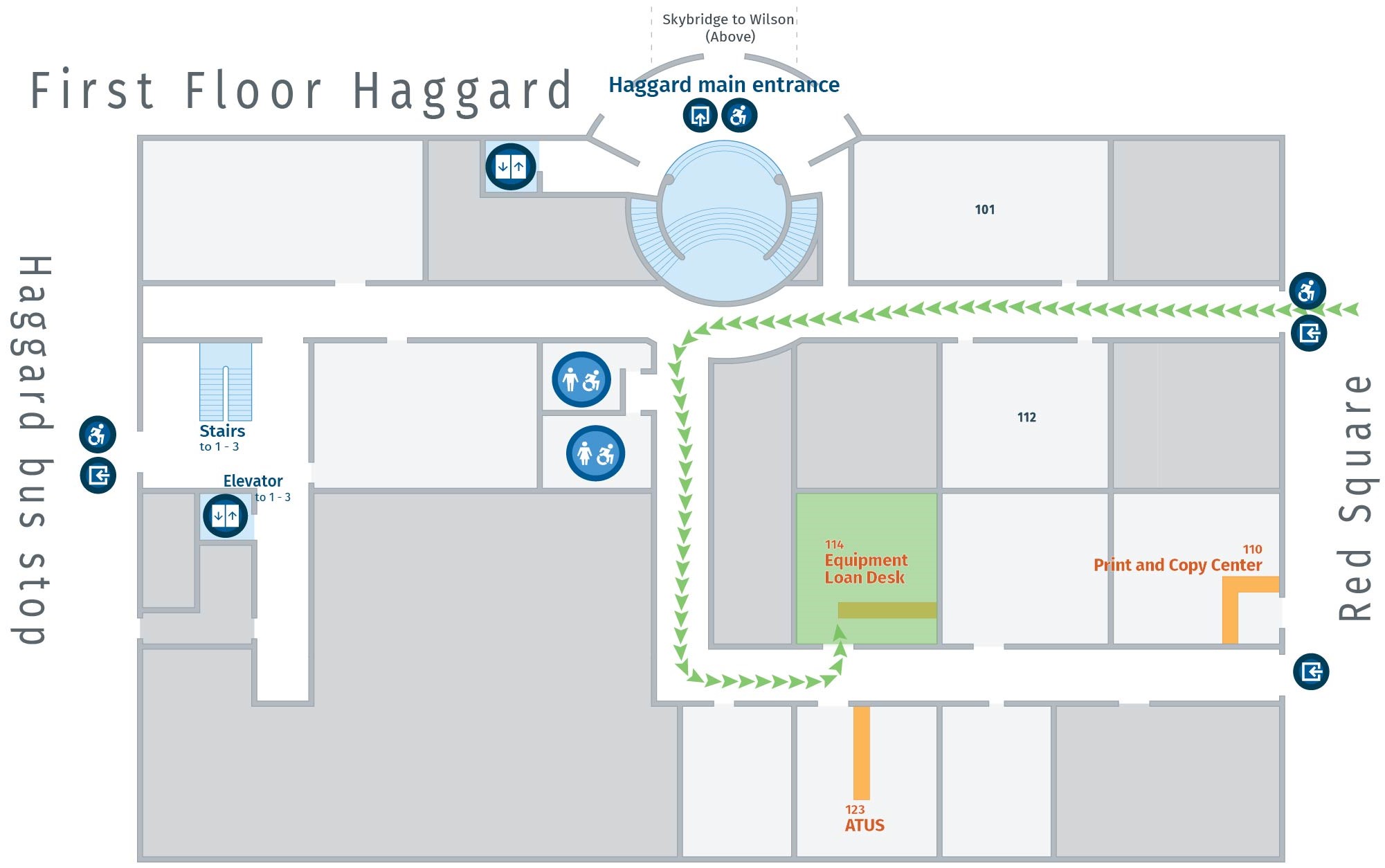Floor plan, first floor of Haggard with accessible path to Equipment Loan Desk.