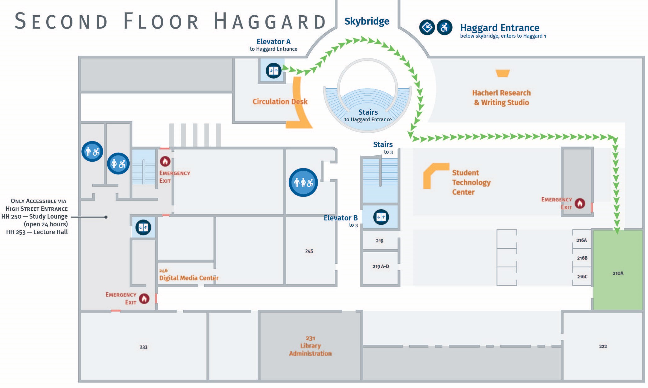 Floor plan, second floor of Wilson and Haggard with accessible path to HH 210A.