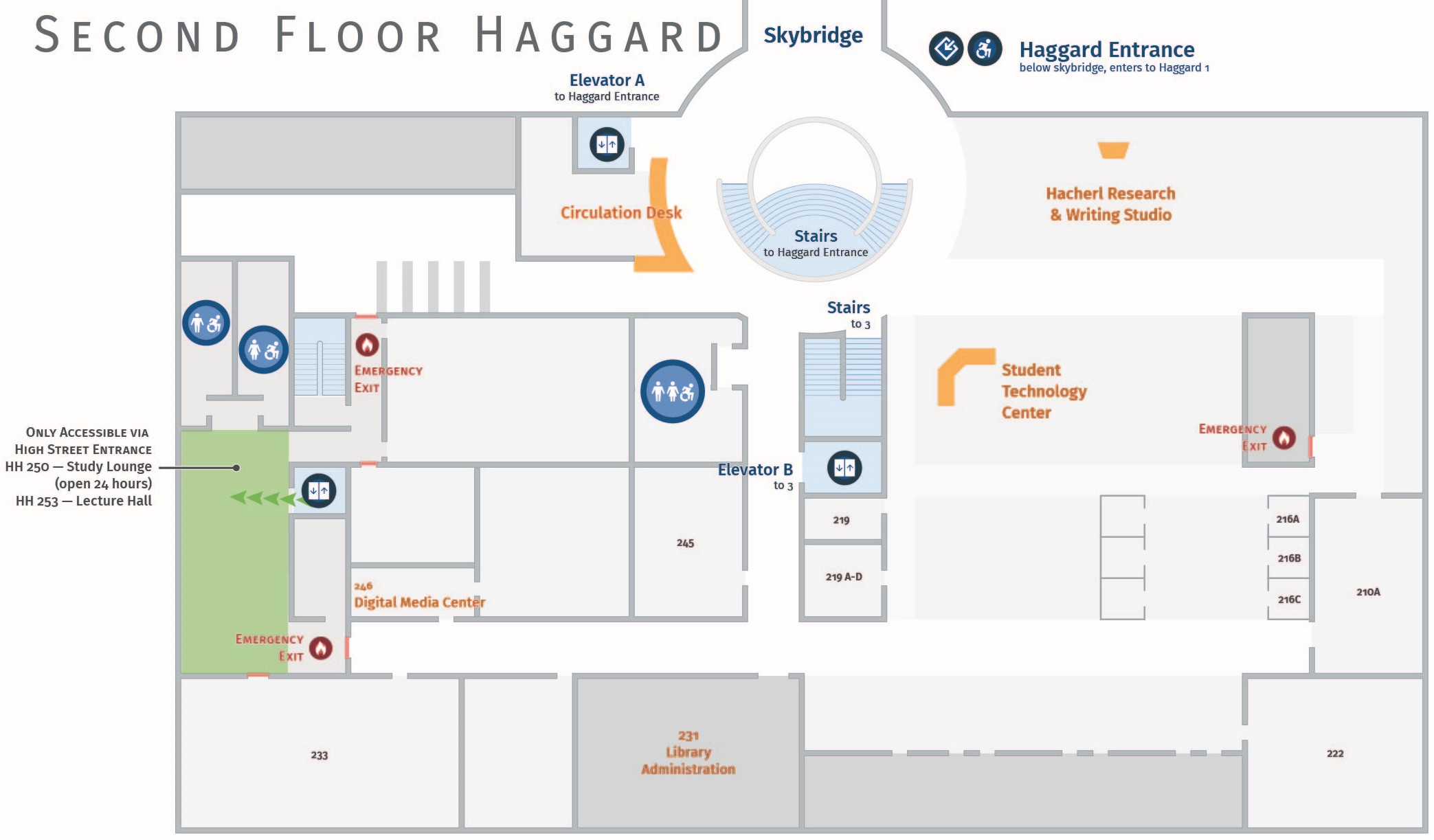 Floor plan, second floor of Haggard with accessible path to HH 250.