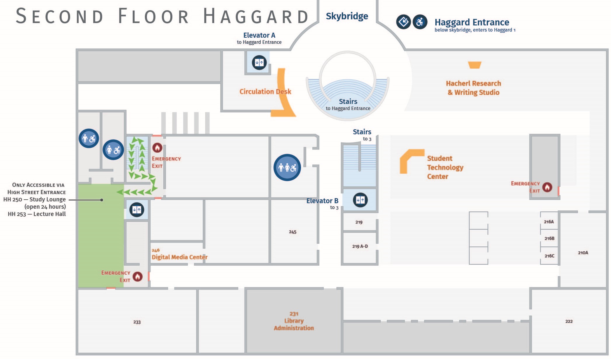 Floor plan, second floor of Haggard with path to HH 250.