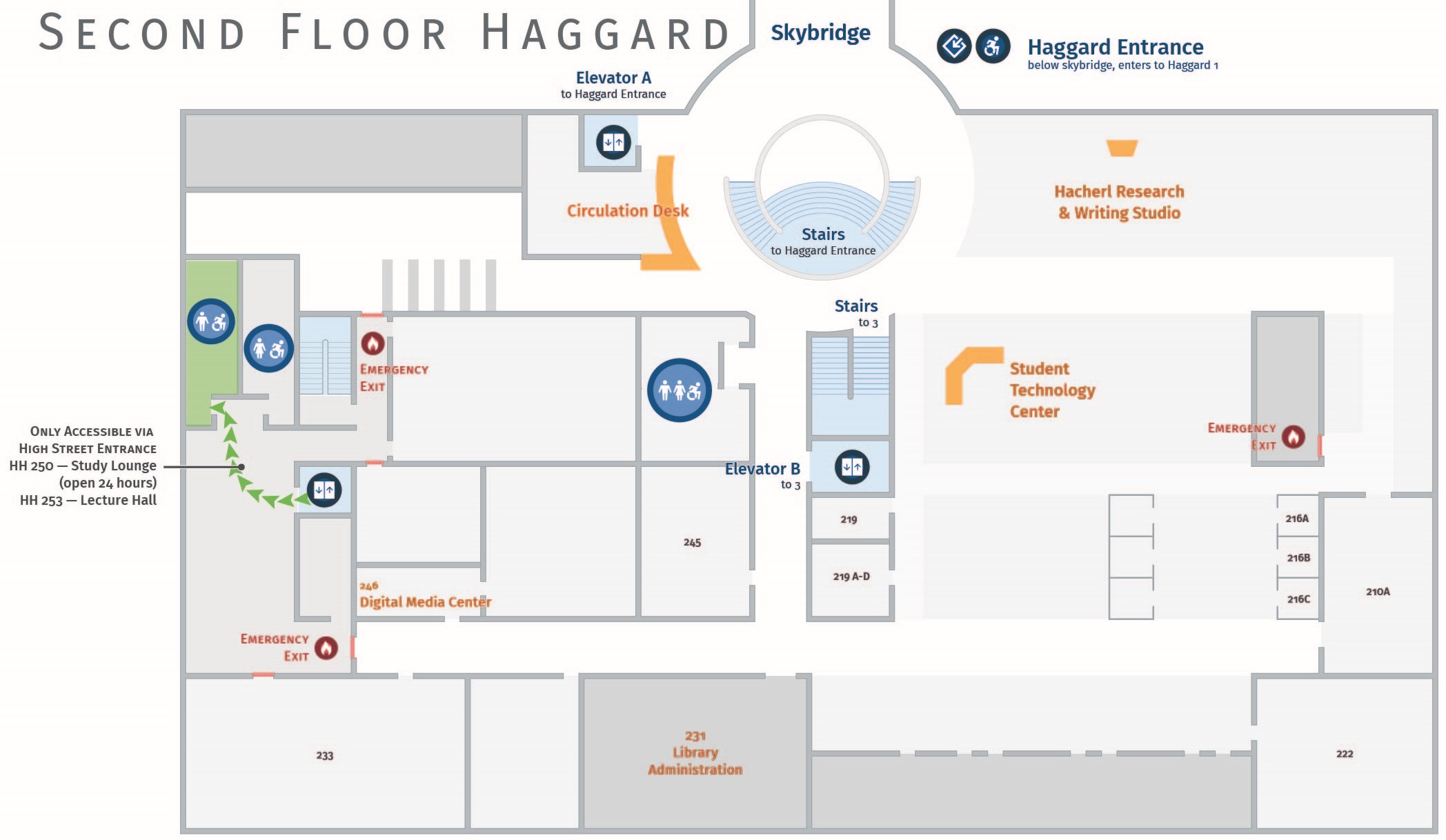 Floor plan, second floor of Haggard with accessible path to men's restroom. Haggard 251.