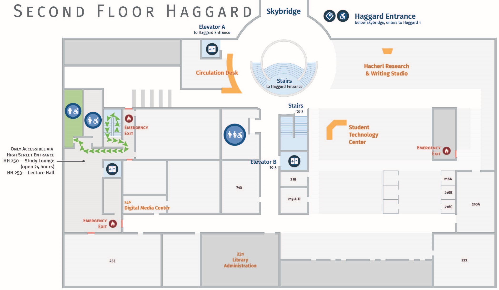 Floor plan, second floor of Haggard with path to men's restroom. Haggard 251.