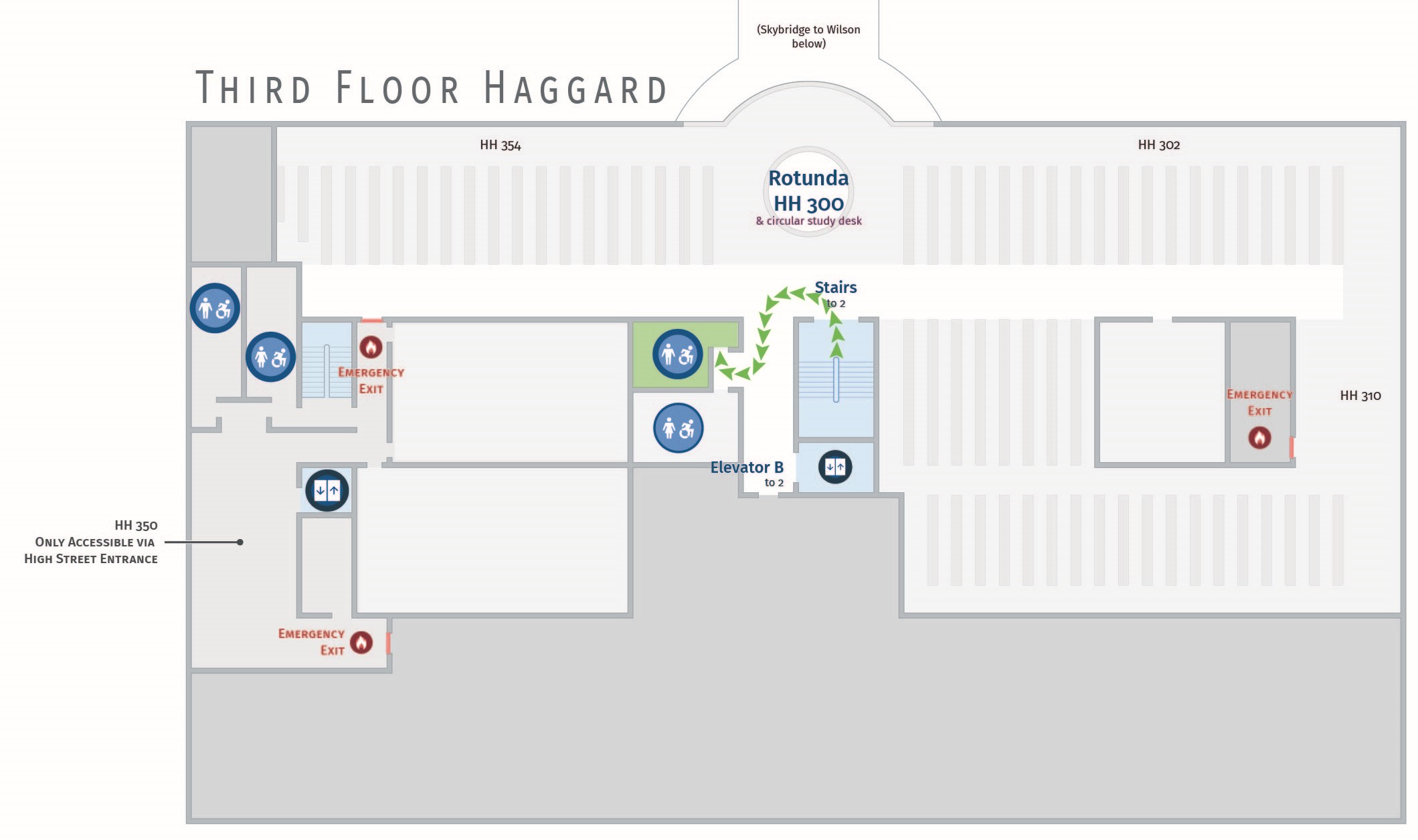 Floor plan, third floor of Haggard with path to men's restroom. Haggard 341.