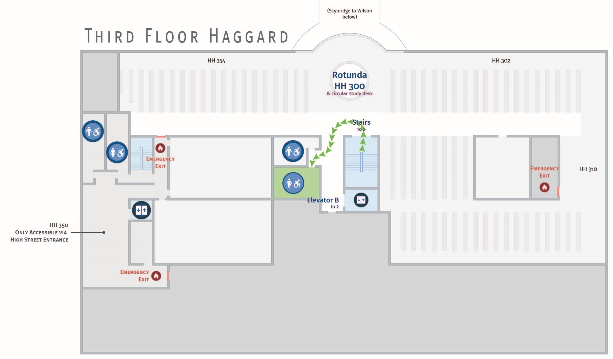 Floor plan, third floor of Haggard with path to women's restroom. Haggard 342.