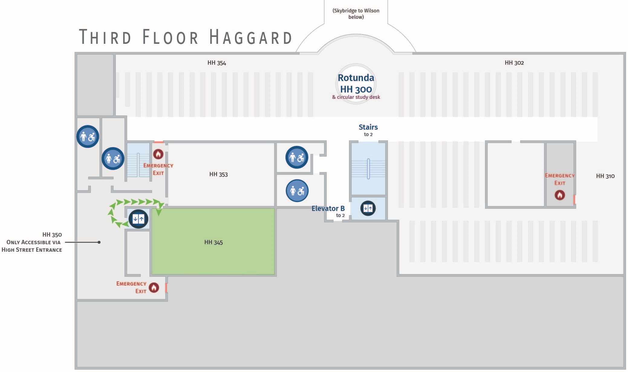 Floor plan, third floor of Haggard with accessible path to HH 345.