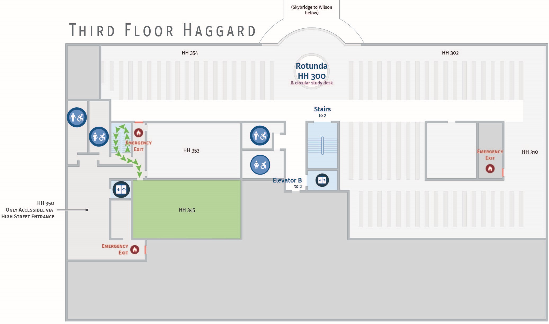 Floor plan, third floor of Haggard with path to HH 345.