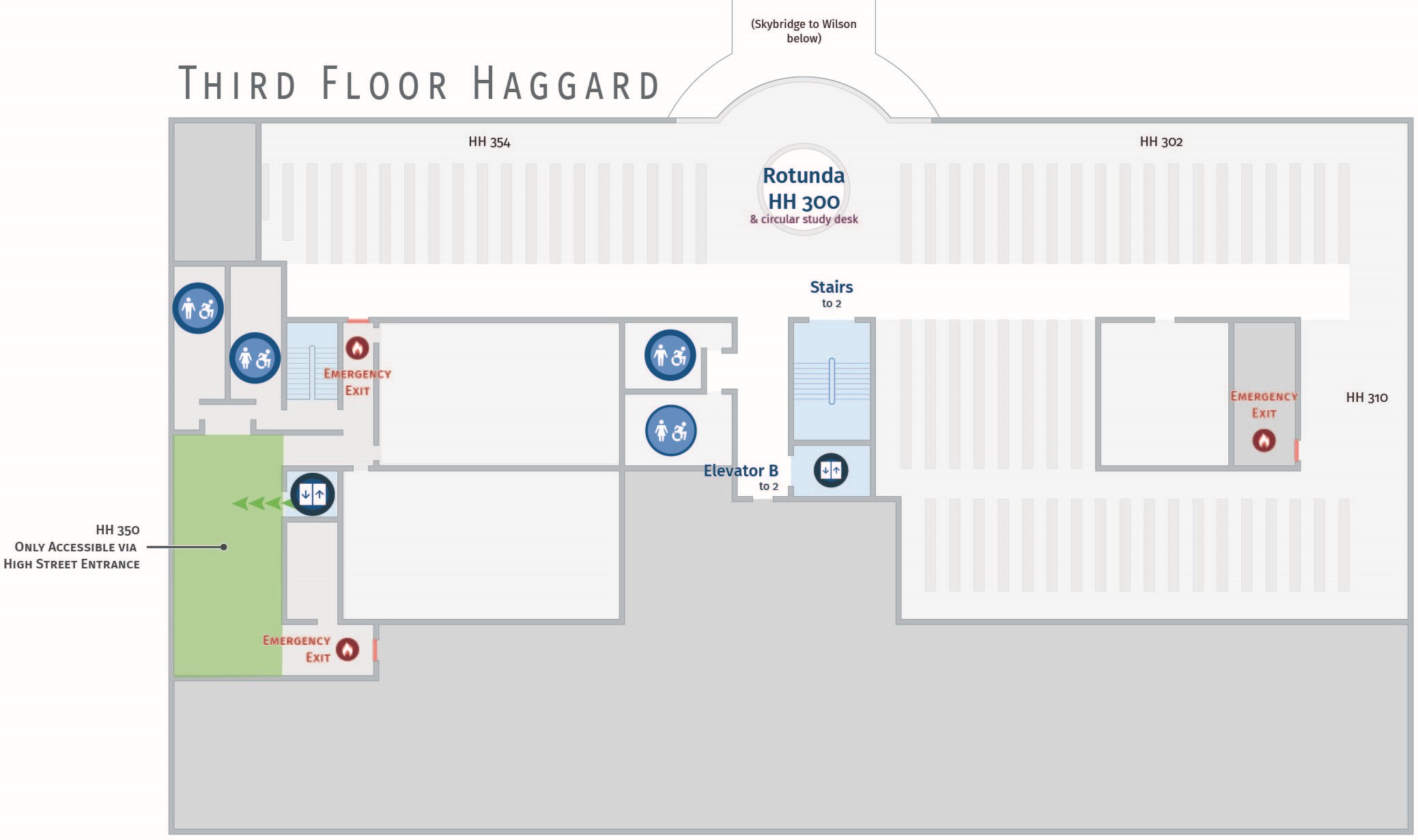 Floor plan, third floor of Haggard with accessible path to HH 350.