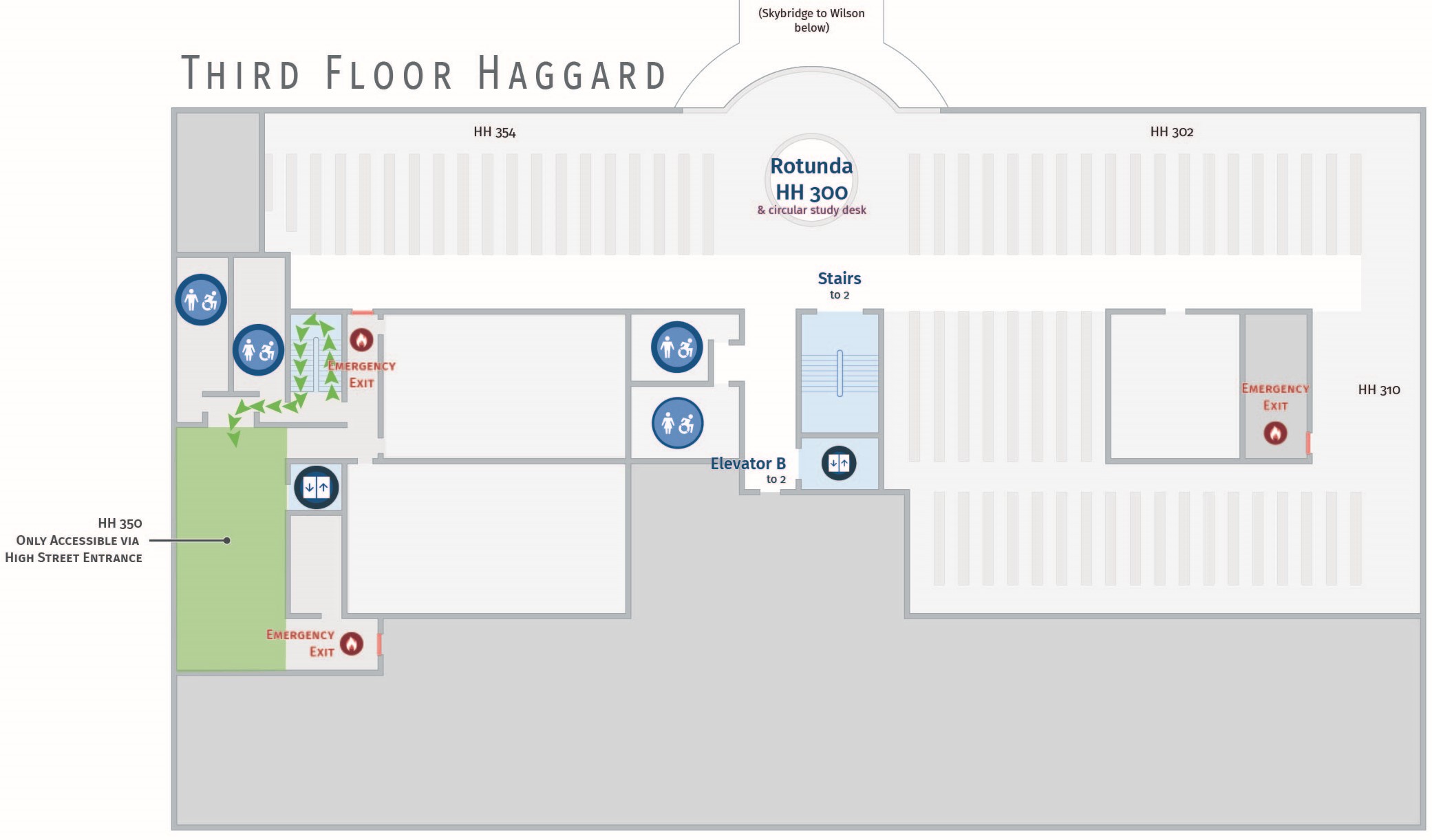 Floor plan, third floor of Haggard with path to HH 350.