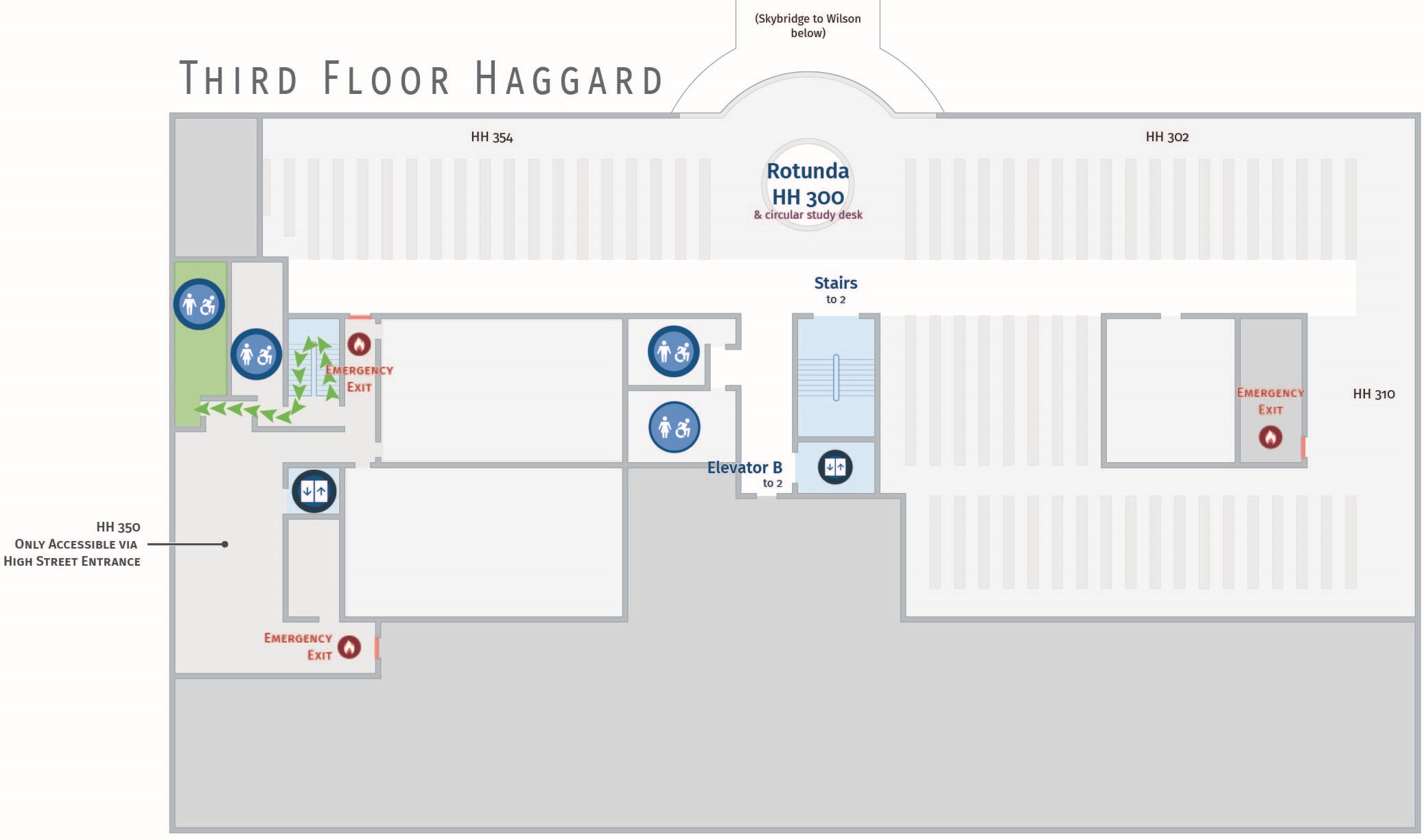 Floor plan, third floor of Haggard with path to men's restroom. Haggard 351.