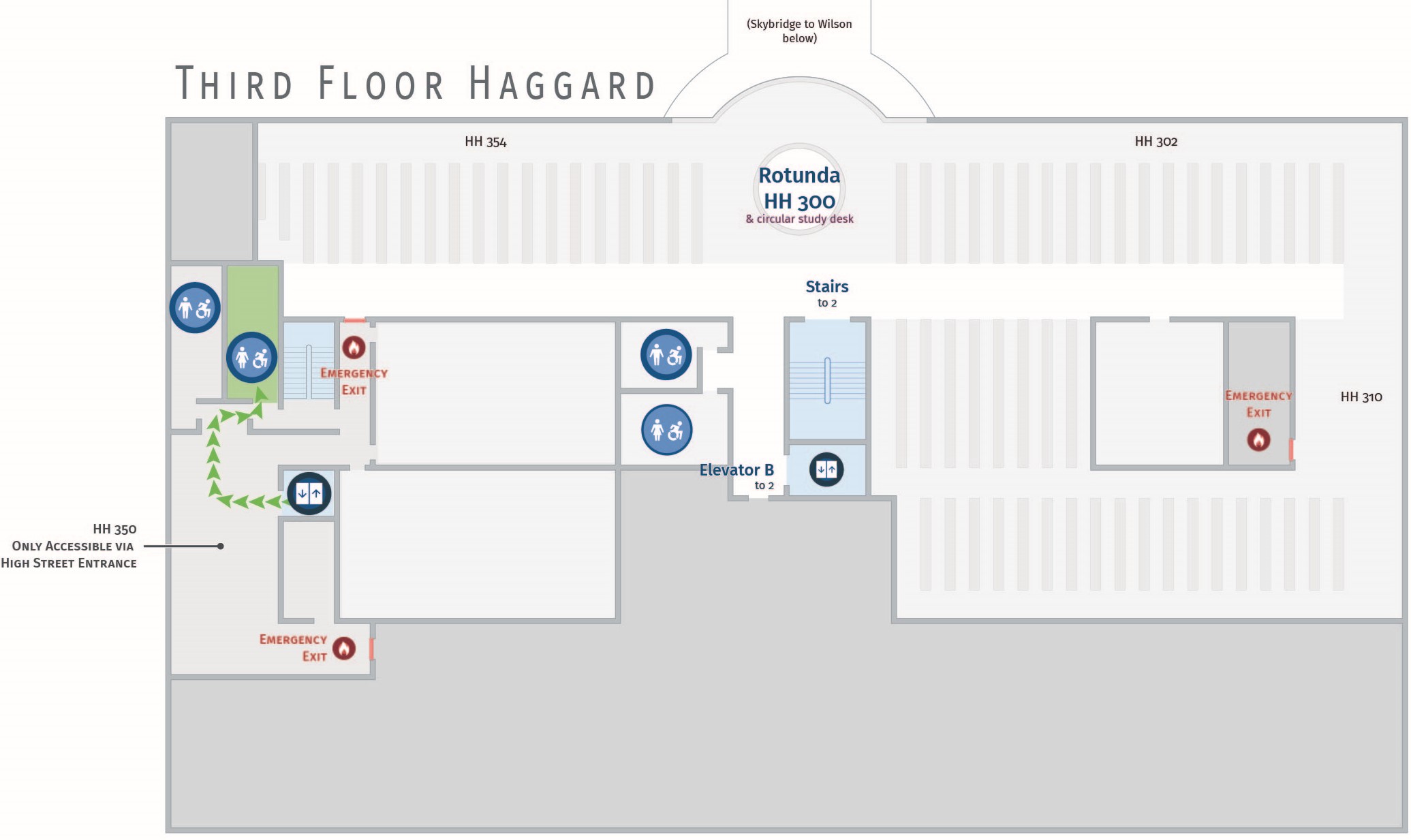 Floor plan, third floor of Haggard with accessible path to women's restroom. Haggard 352.