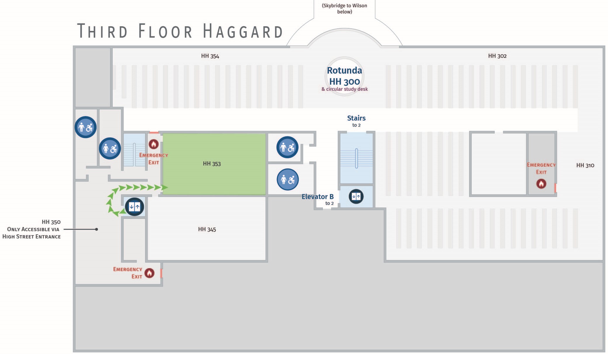Floor plan, third floor of Haggard with accessible path to HH 353.