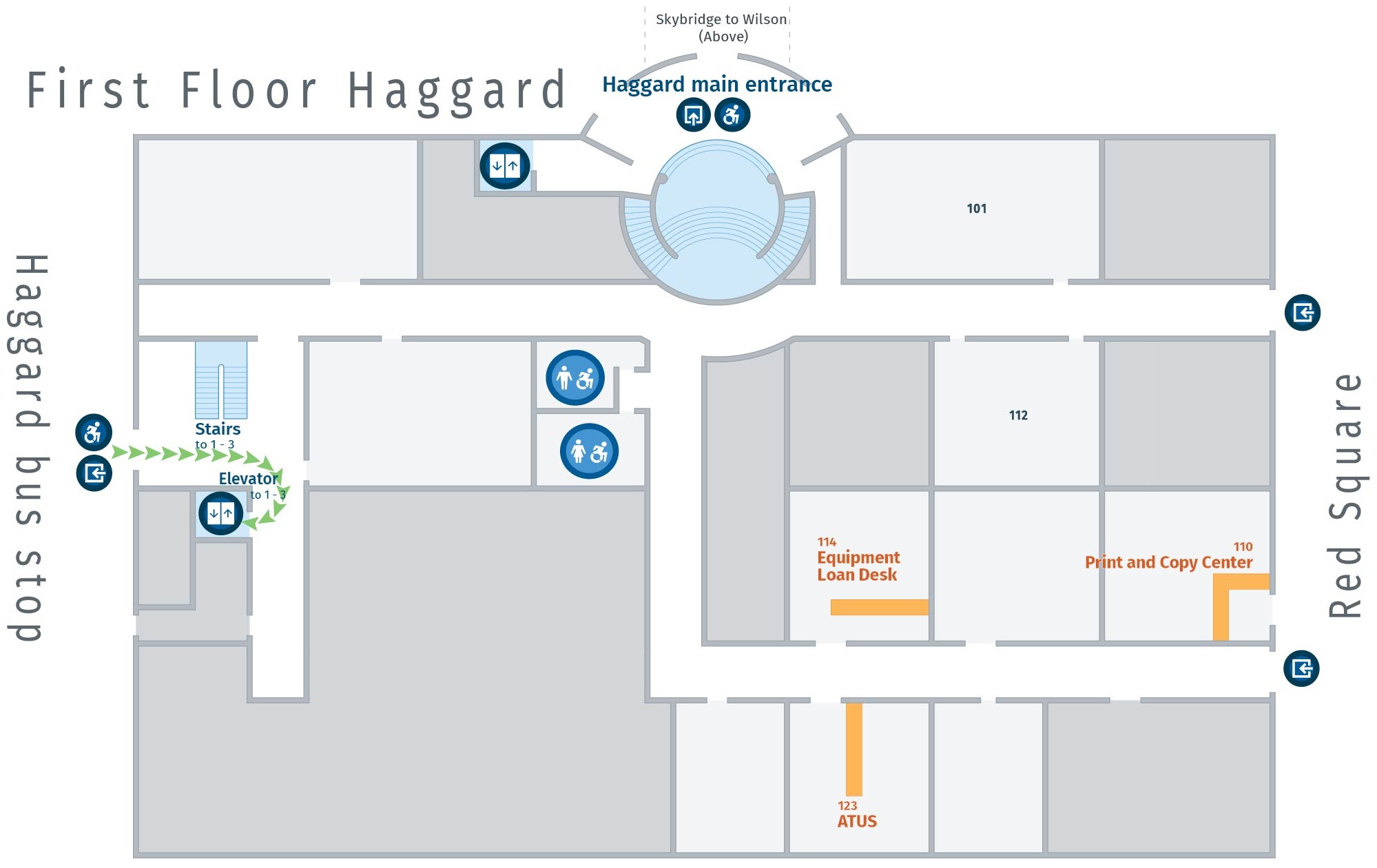 Floorplan, first floor of Haggard with path to HH elevator.