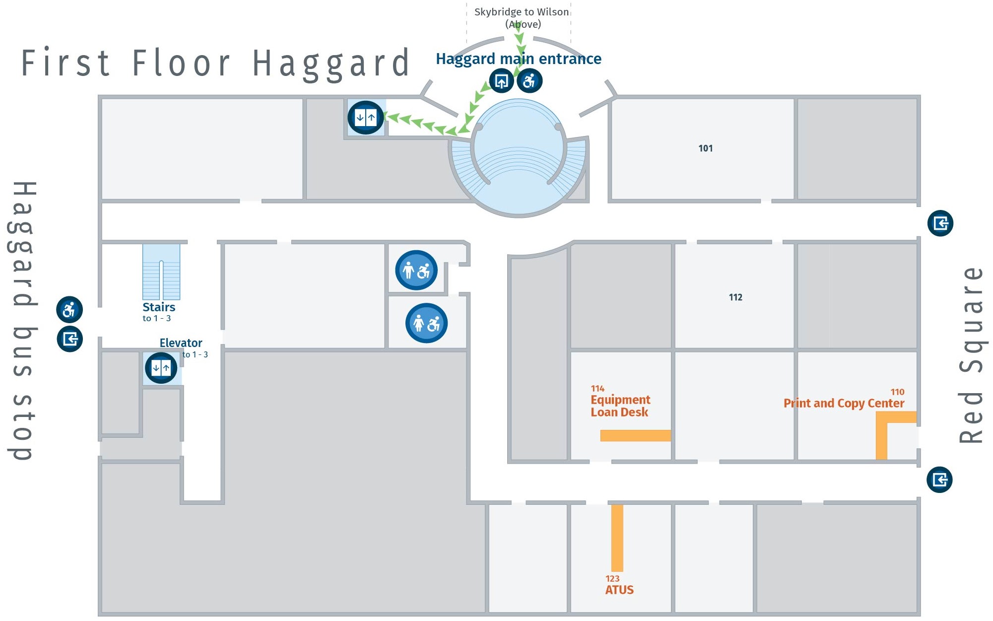 Floor plan, first floor of Haggard with path to the elevator near the Haggard main entrance.