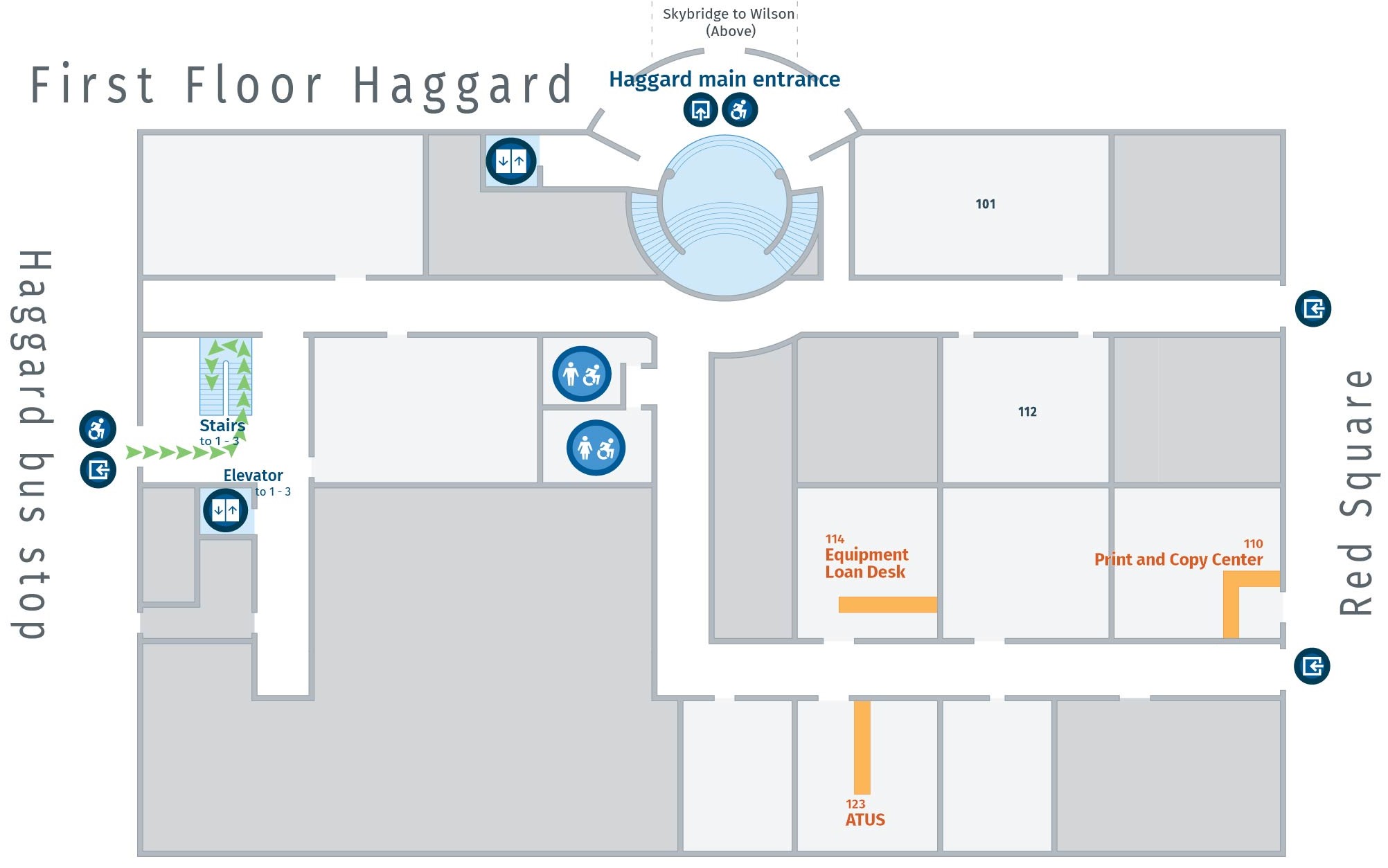 Floor plan, first floor of Haggard with path to HH stairway.