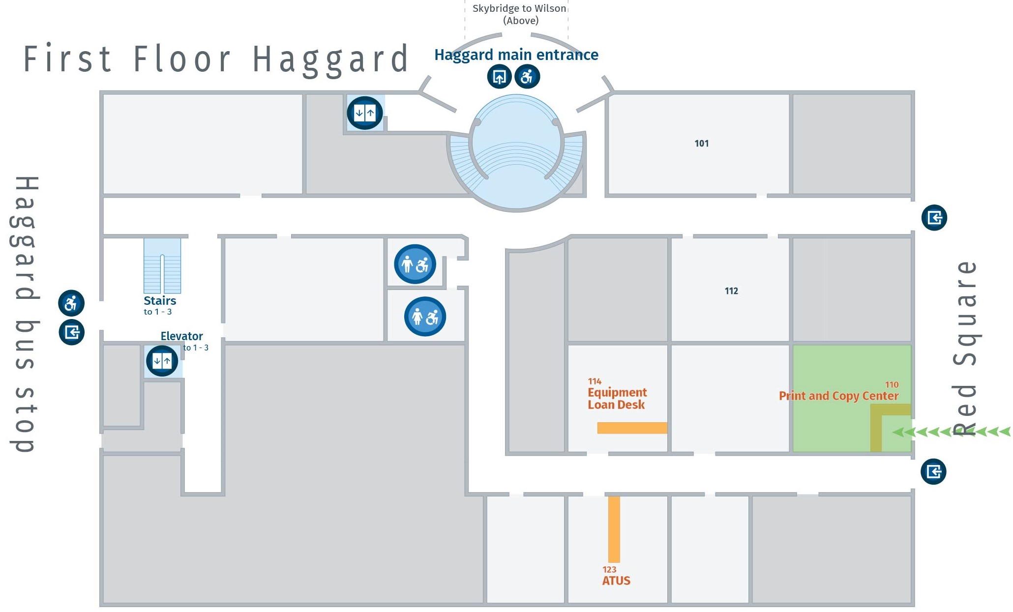 Floor plan, first floor of Haggard with path to Print and Copy Center.