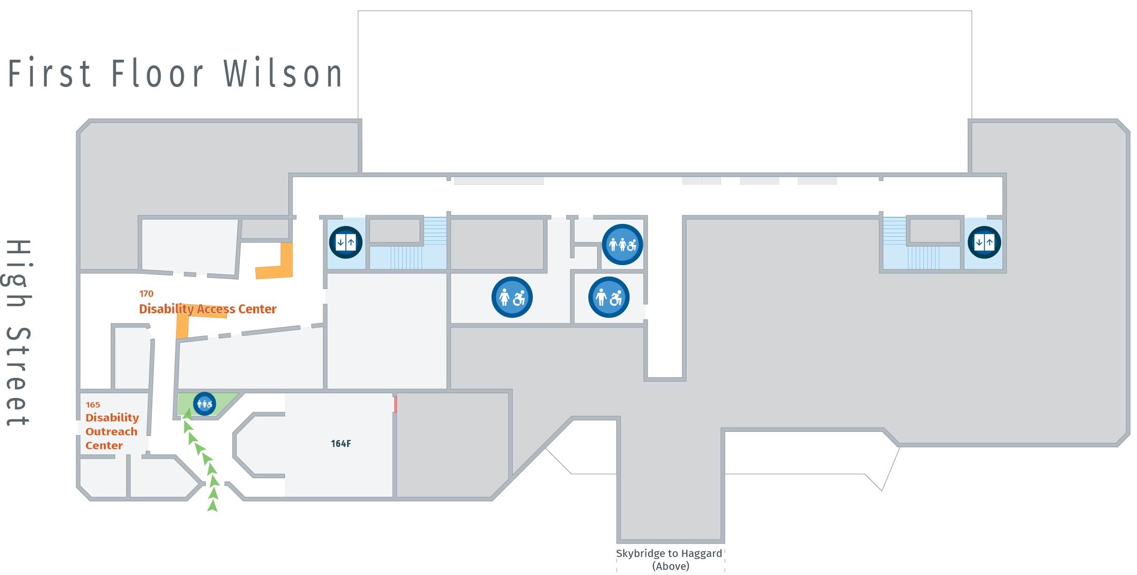 Floorplan, first floor of Wilson with path to gender neutral restroom. Wilson 164A.