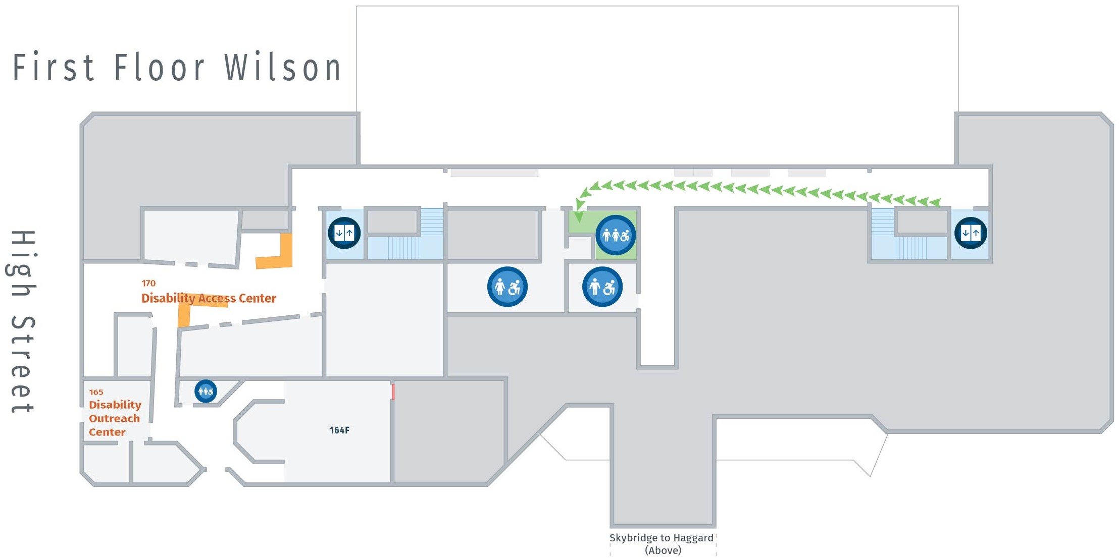 Floor plan, first floor of Wilson with path to gender neutral restroom. Wilson 182A.