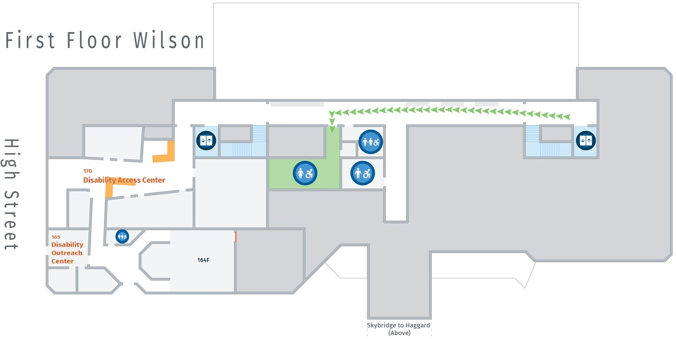 Floor plan, first floor of Wilson with path to women's restroom. Wilson 182B.