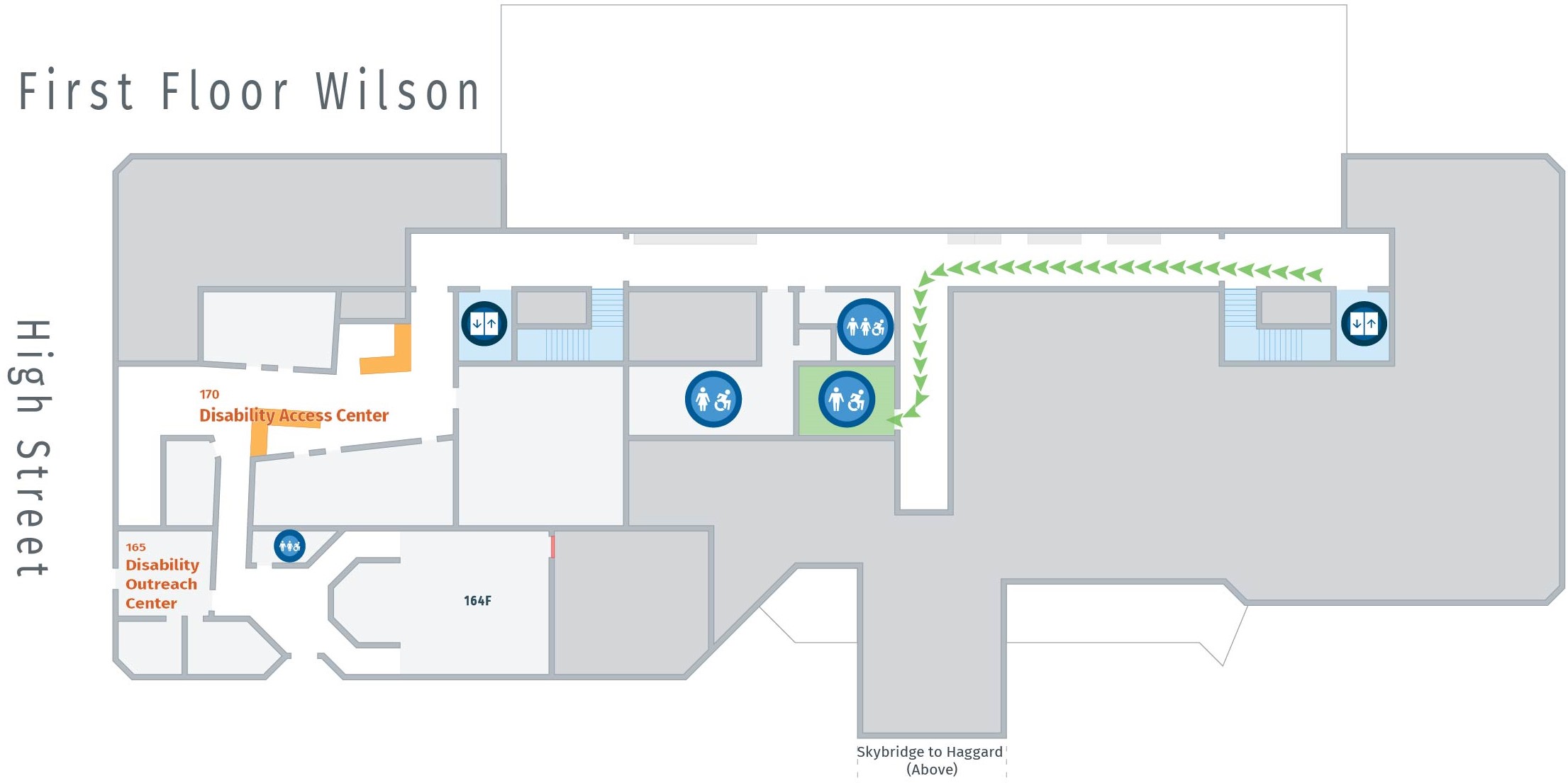 Floor plan, first floor of Wilson with path to men's restroom. Wilson 197.
