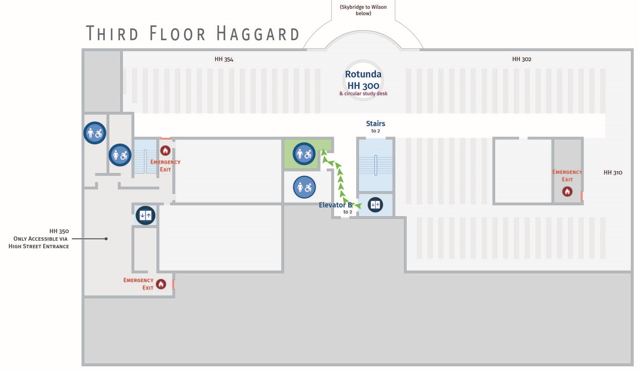 Floor plan, third floor of Haggard with accessible path to men's restroom. Haggard 341.