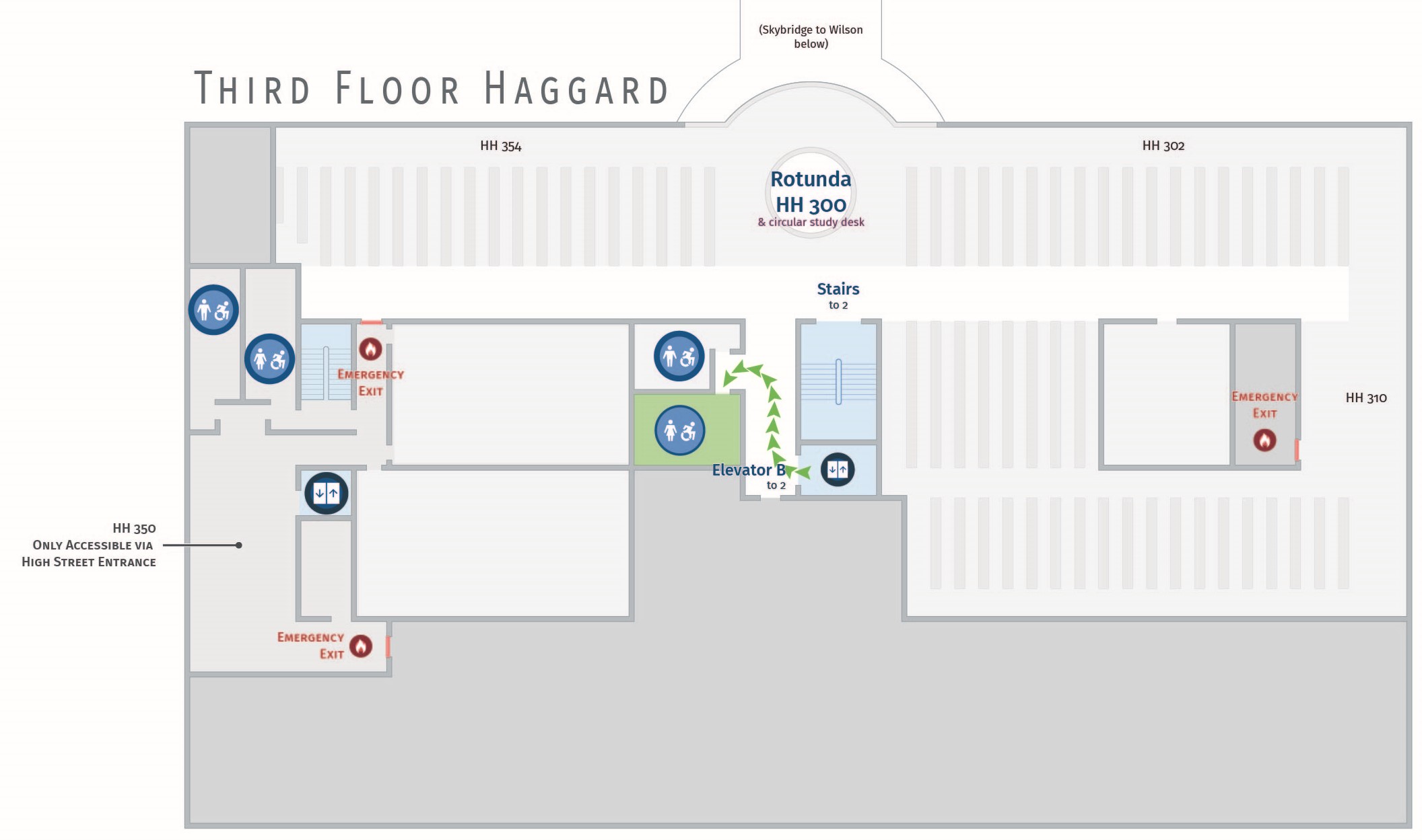 Floor plan, third floor of Haggard with accessible path to women's restroom. Haggard 342.