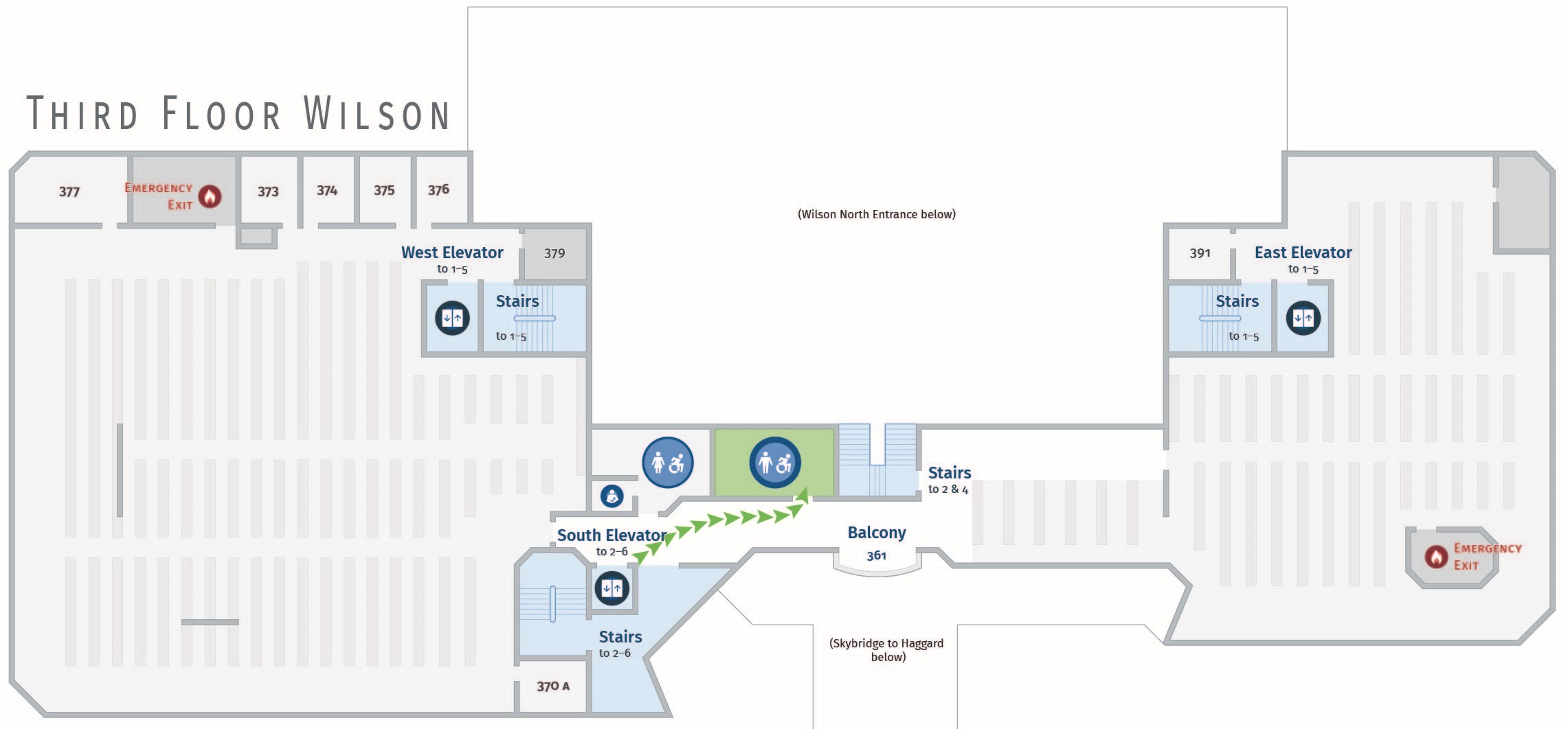 Floor plan, third floor of Wilson with path to men's restroom. Wilson 365.