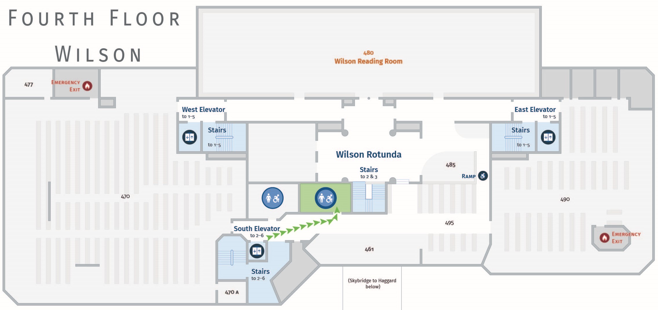 Floor plan, fourth floor of Wilson with path to men's restroom. Wilson 465.
