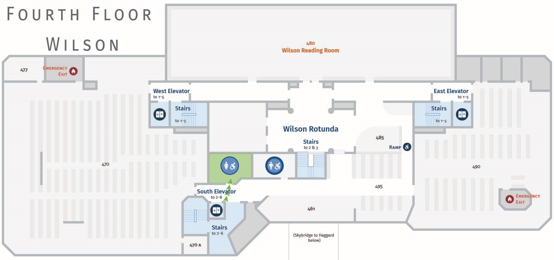 Floor plan, fourth floor of Wilson with path to women's restroom. Wilson 466.