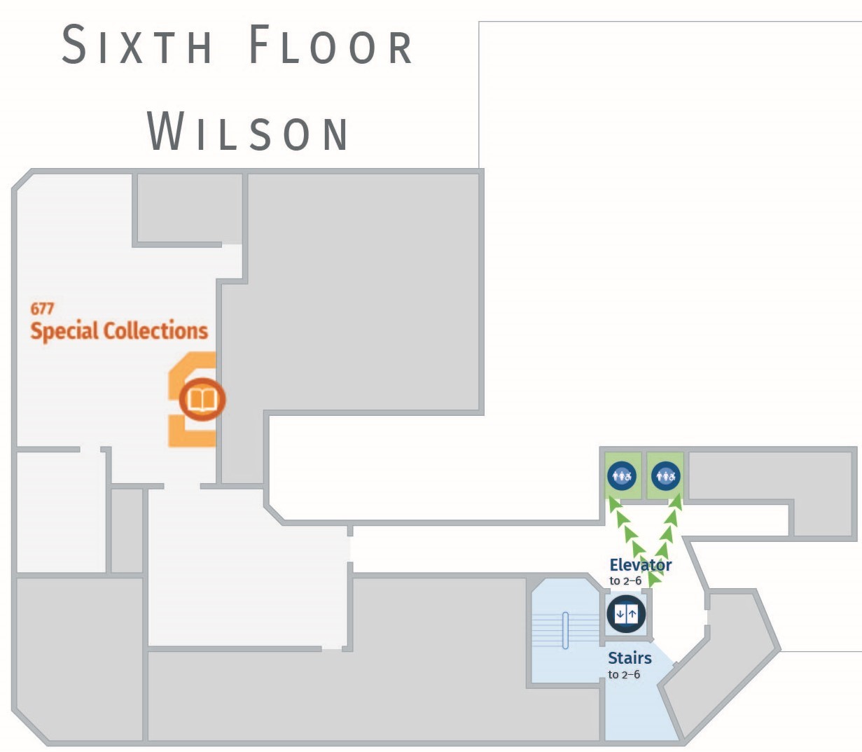 Floor plan, sixth floor of Wilson with paths to gender-neutral restrooms.