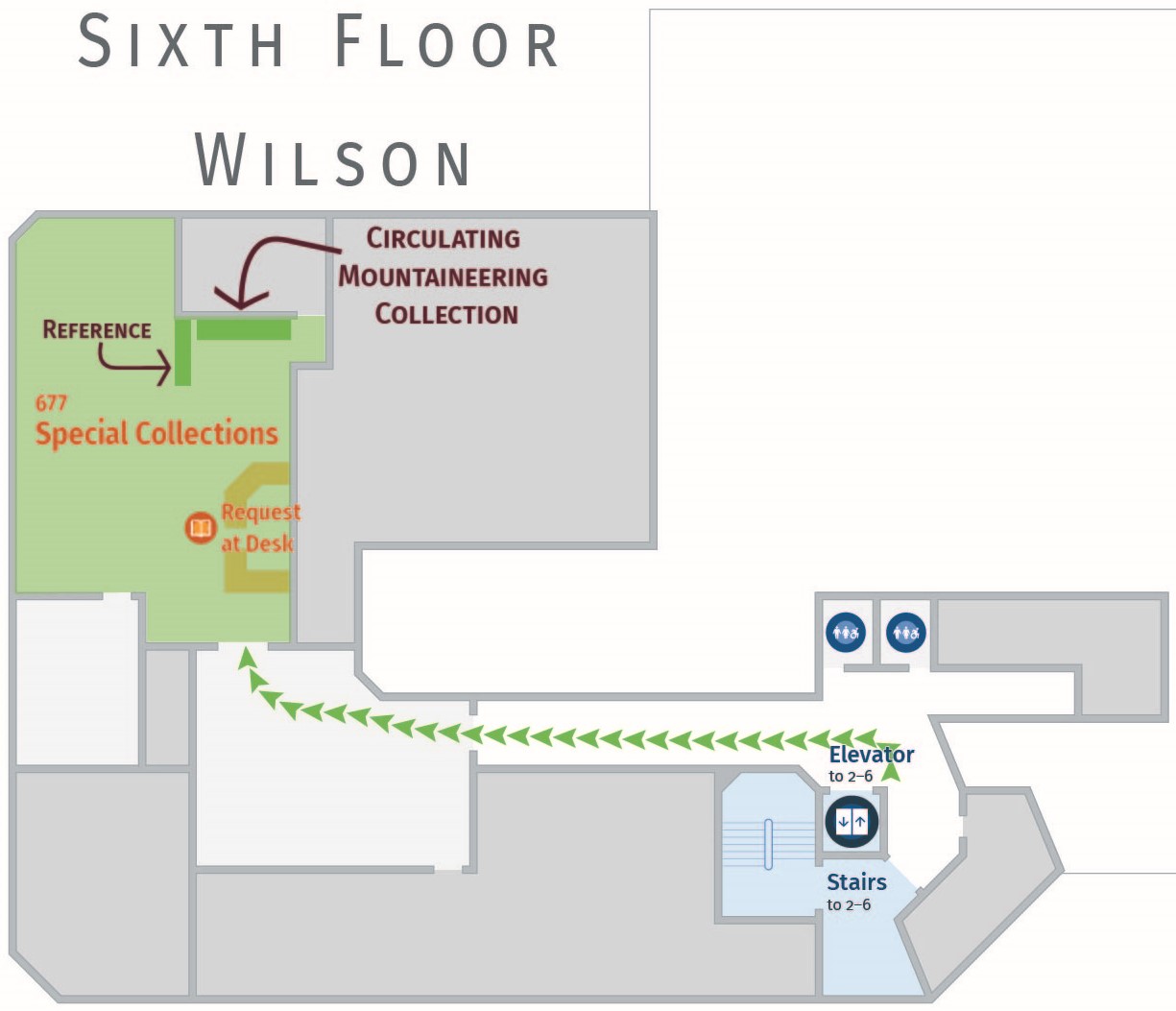 Floor plan, sixth floor of Wilson with path to Special Collections.