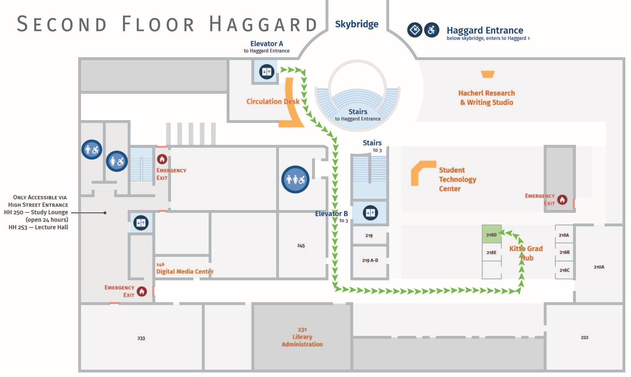 Floor plan, second floor Haggard with accessible path to HH 216D.