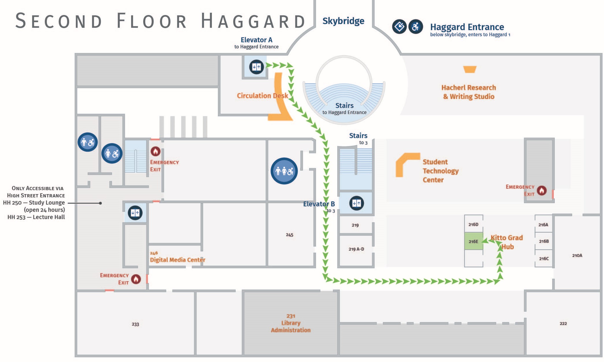 Floor plan, second floor Haggard with accessible path to HH 216E.