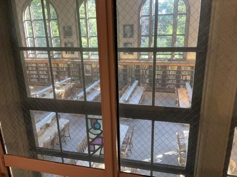 Reading Room viewed through two layers of windows: Inner window is study room, outer windows for Reading Room. Long tables, bookshelves visible from above.